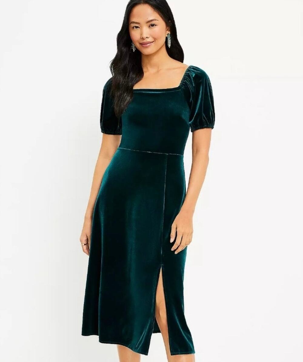 LOFT Velvet Puff Sleeve Square Neckline Midi Dress Women's 4 Emerald Green